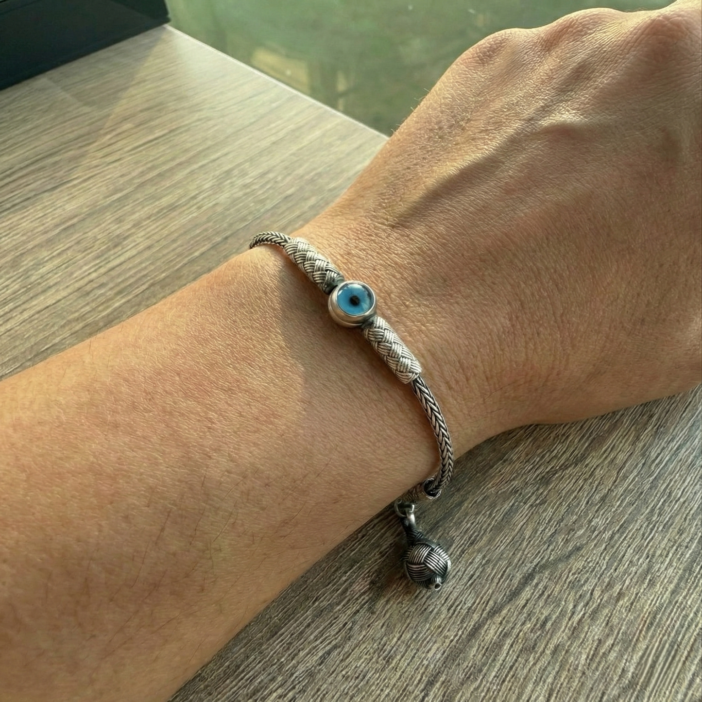 Handwoven Sterling Silver Kazaziye Bracelet with Evil Eye Bead