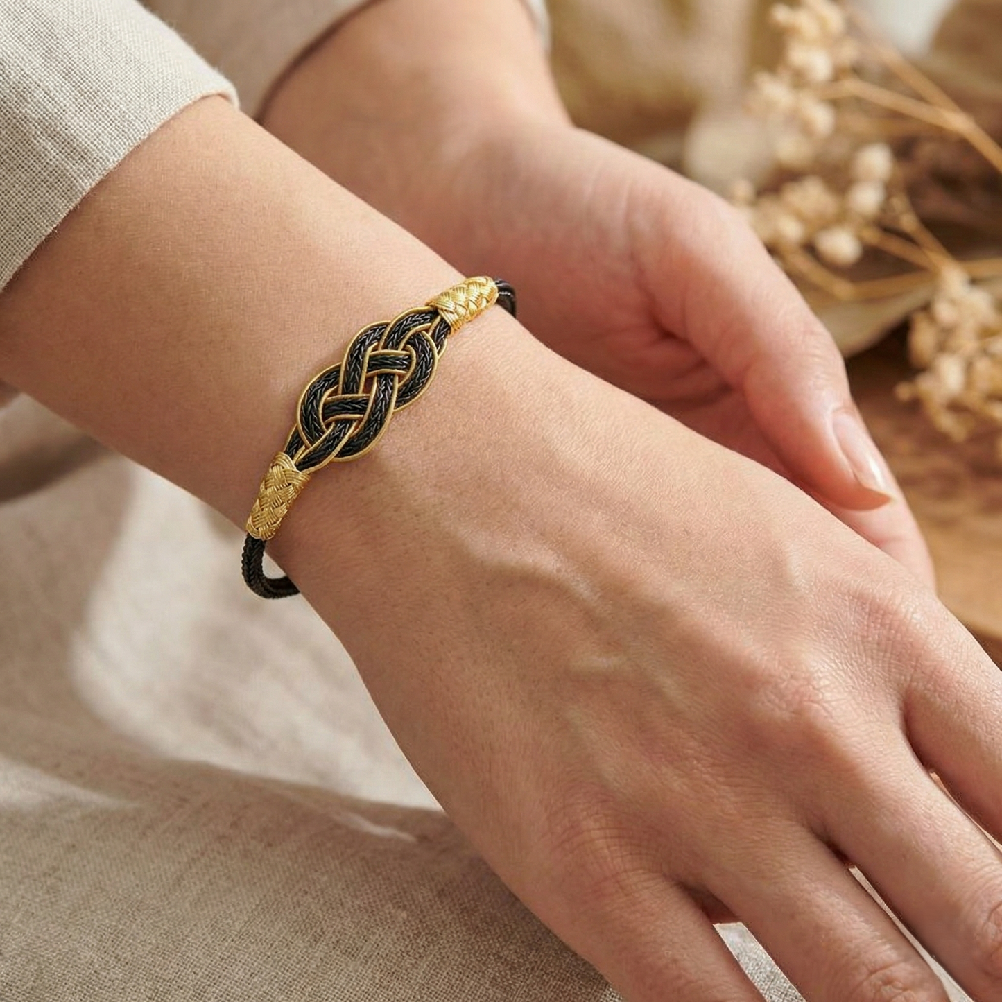 Two-Tone Love Knot Kazaziye Bracelet | Black & Gold Silver