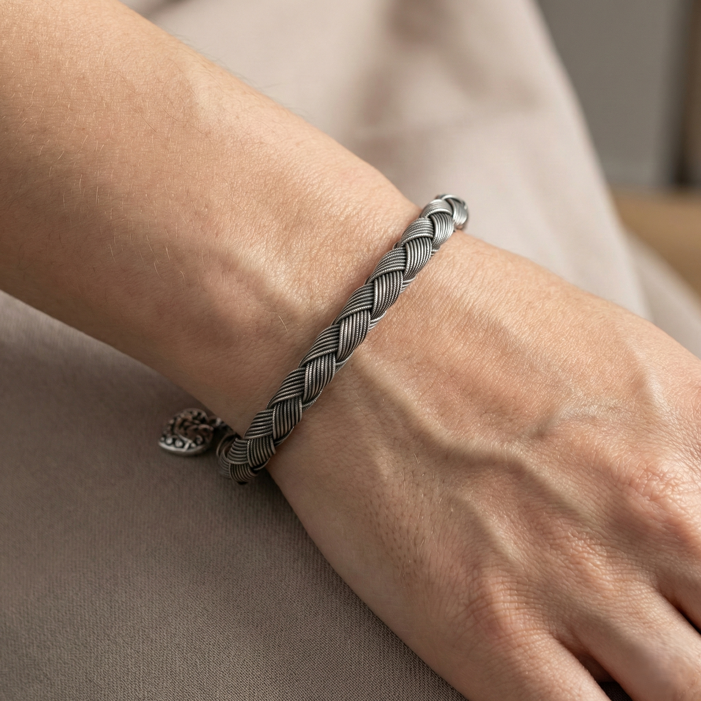 Handmade Kazaziye Silver Braided Bracelet with Heart Charm