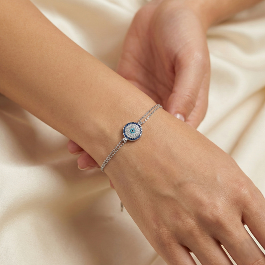 925 Sterling Silver Evil Eye Bracelet – Dainty Blue Nazar Protection Jewelry – Minimalist Double Chain Gift for Her